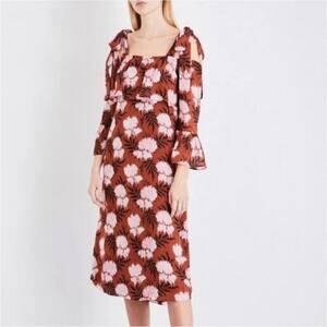 Ganni Monette Georgette Floral Midi Dress in Brandy Brown